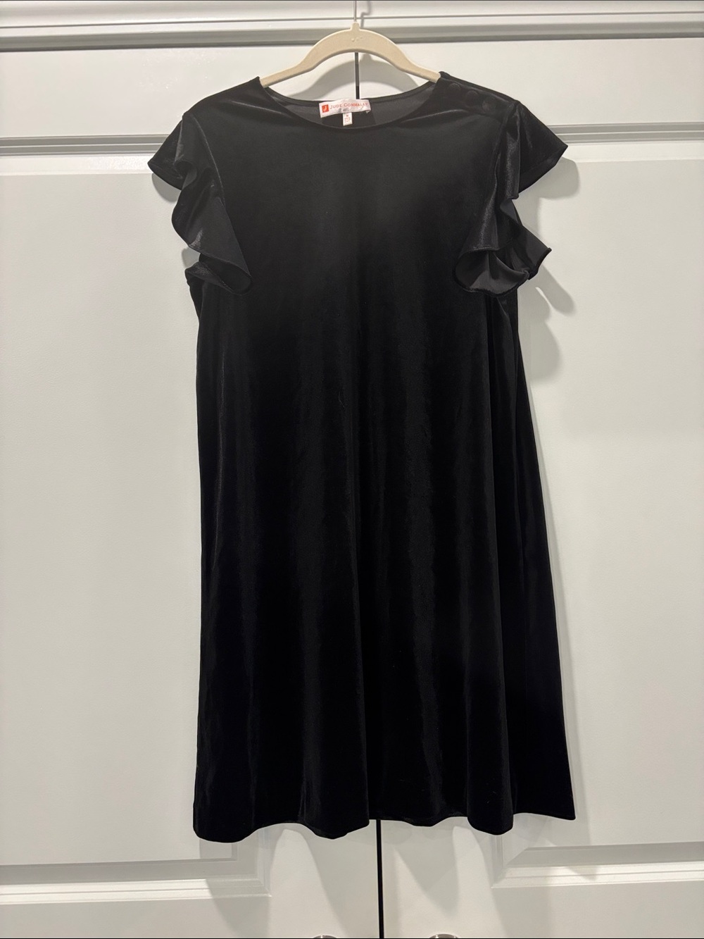 Jude Connally Black Velvet Ruffle-Sleeve Midi Dress